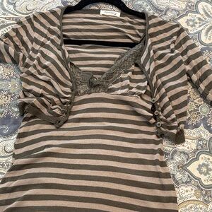 Striped Lace-Trim Women’s Top - Gray/Tan -